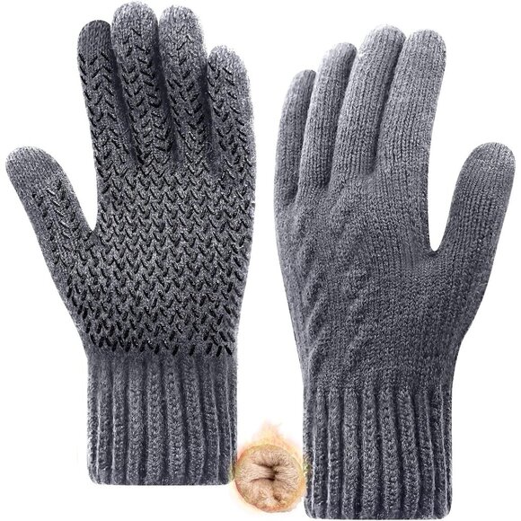 Men's Grey Winter Warm Fleece Lined Anti Slip Knit Touch Screen Gloves - Picture 1 of 6